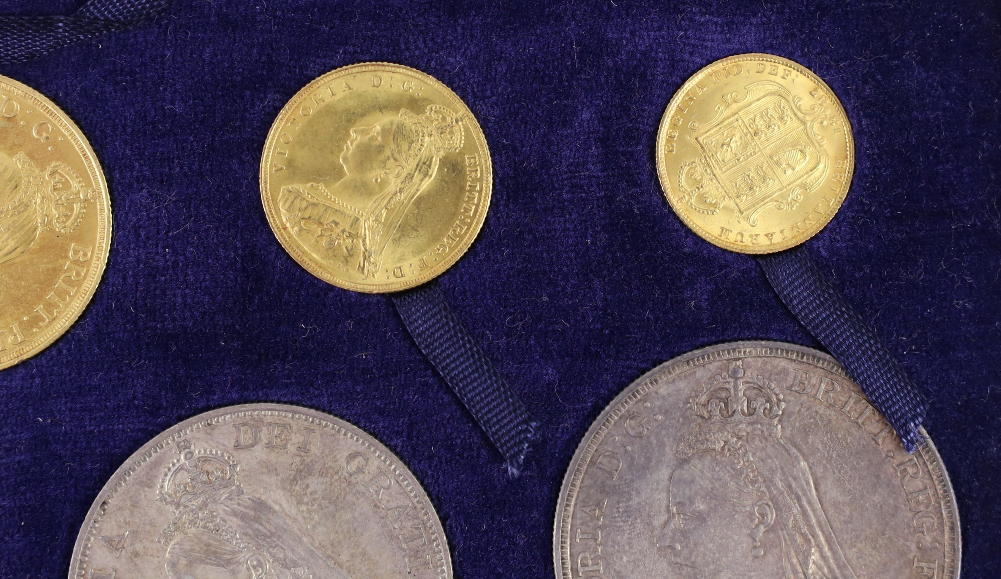 PLEASE NOTE THIS IS A SPECIMEN SET, UK coins, a cased Victoria 1887 Golden Jubilee gold and silver eleven coin set.